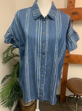 Flutter Sleeve Chambray and White Top