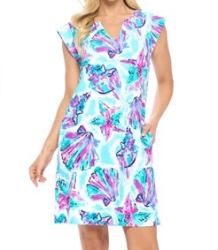 Sun Protection Capped Sleeve Shell Print Dress