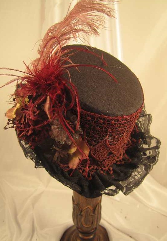 Steampunk Black Riding Hat with Brown and Burgundy