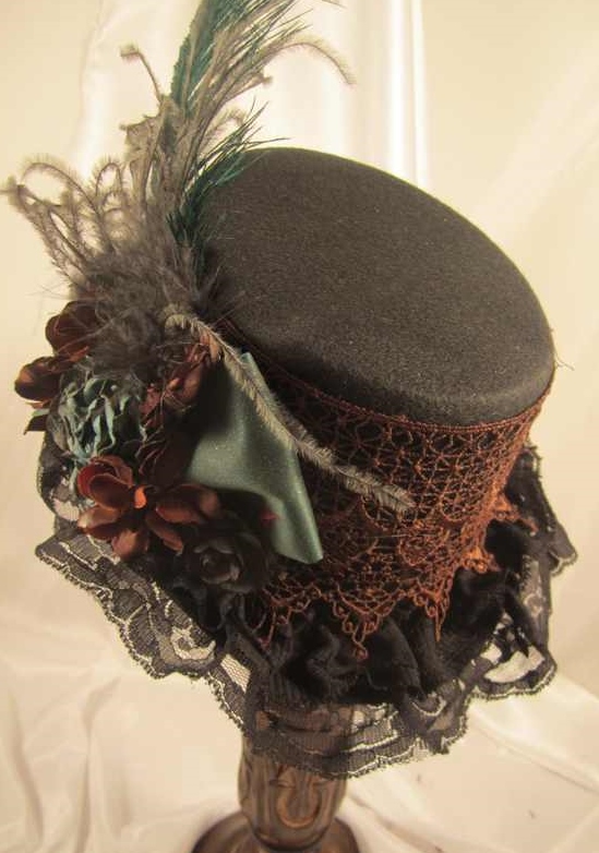 Steampunk Black Riding Hat with Brown and Teal