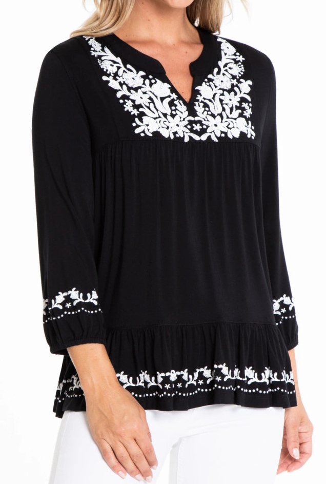 Printed Embroidered Flounce Top