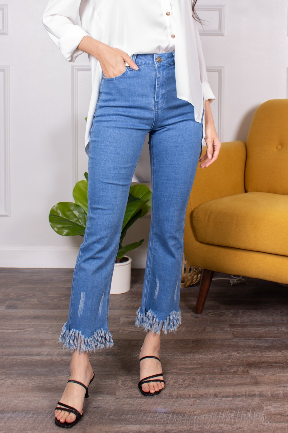 Stretch, Fringe, Bottom, Jeans, White 